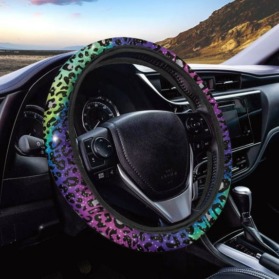 FKELYI Car Steering Wheel Cover Sweat Absorption Non-Slip Auto Stretch-on Cover Accessories Rainbow Leopard Print Steering Wheel Covers for Cars SUVs Van