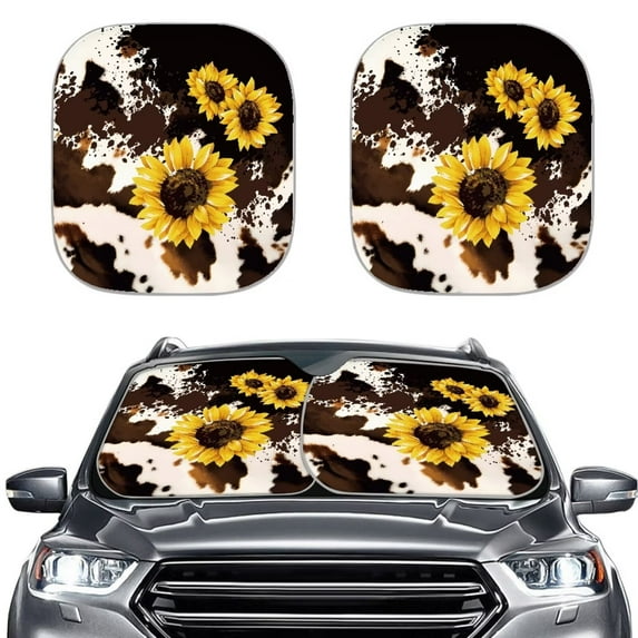 FKELYI Car Sun Shade Windshield Car Accessories 2 Pieces Washable Front Windshield Sunshade Cow Print Sunflower Auto Sunshade for Car Windshield