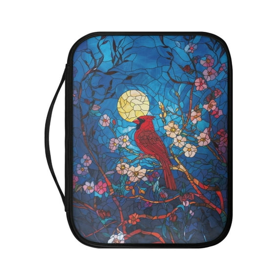 FKELYI Cardinal Bird Glassed Flower Print PU Leather Bible Cover for Prayer Zippered Bible Bags with Handle Large Capacity Bible Carrier Book Organzier Holder for Christian