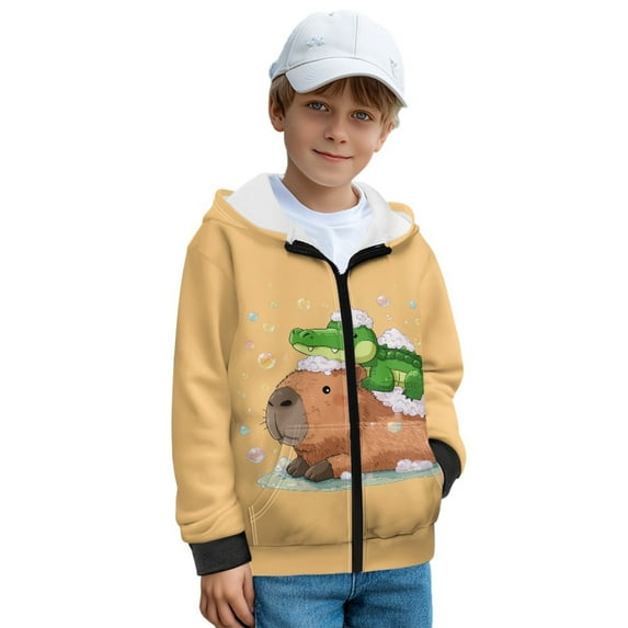 FKELYI Cartoon Capybara Crocodile Print Kids Hoodies with Full Zipper Boys Girls Sweatshirt Jacket with Pockets Fleece Hooded Top Cosy Streetwear for School Home, S