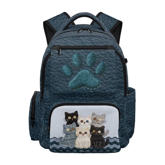 FKELYI Cartoon Cat Blue Print Kids Backpack 17 Inch Spacious Schoolbag with Multi-Pockets Lightweight School Bookbag Casual Daypack for Elementary Student