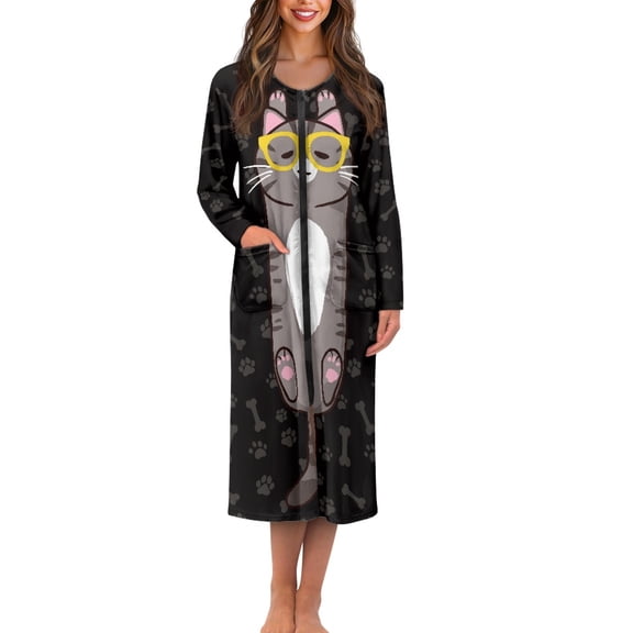 FKELYI Cartoon Cat Paw Bone Print Women Zip Up Robe Nightgowns Comfy House Coats Full Length House Dress Long Sleeve Bathrobe with 2 Pockets Breathable Sleepwear, XL