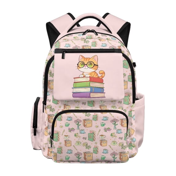 FKELYI Cartoon Cat Pink Print 17 Inch Schoolbag Spacious Kids Backpack with Multi-Pockets Primary School Bookbag Travel Backpacks for Elementary Student Girls Rucksack