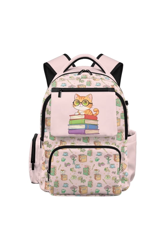 Cartoon Cat Pink Print 17 Inch Schoolbag Spacious Kids Backpack with Multi-Pockets Primary School Bookbag Travel Backpacks for Elementary Student Girls Rucksack