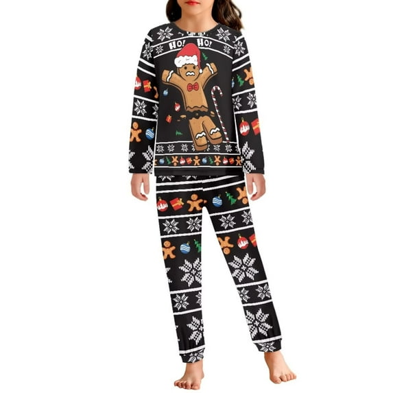 FKELYI Cartoon Christmas Long Sleeve Pj Stretchy Xmas Gingerbread Man Children Pajama Pattern 2-Piece Soft Kids Pajamas Girls 7-8