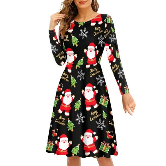 FKELYI Cartoon Christmas Santa Women Dresses Size 2XL Lightweight Women's Wear to Work Dresses Midi Soft Long Sleeve Swing Party Dress for Hoilday