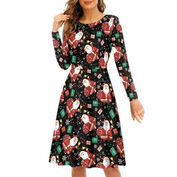 FKELYI Cartoon Christmas Women Dresses Size XL Leisure Music Santa Round Neck Pleat Dress Breathable Women's Wear to Work Dresses Midi