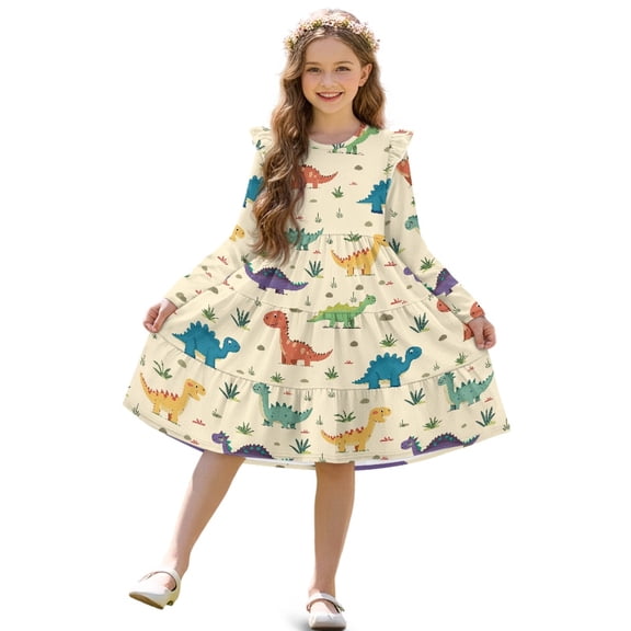 FKELYI Cartoon Dinosaur Grass Print Girls Long Sleeve Dress Fall Ruffled Patchwork Dress Crewneck Playwear A Line Pleated Tiered Dresses for Party Birthday, 5-6 Y