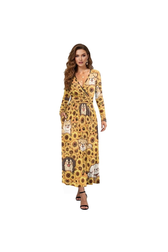 Cartoon Dog Sunflower Print Long Sleeve Maxi Dress for Women V-Neck Soft Casual Dress Flowy A-Line Dresses with Side Pockets for Party Wedding, 3XL