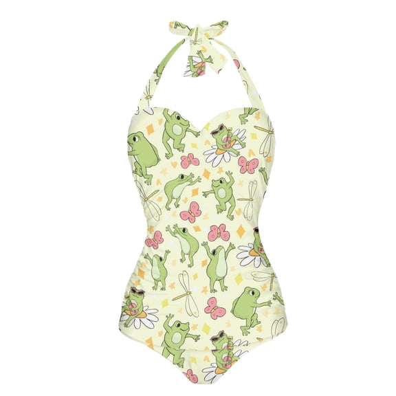 FKELYI Cartoon Frog Butterfly Dragonfly Print V Neck Swimwear for Women One Piece Swimsuit with Halter Strap Breathable Monokini Tummy Control Bathing Suit for Swimming Surfing, M
