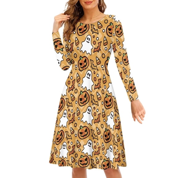 FKELYI Cartoon Halloween Women Dress Size S Lightweight Ghost Pumpkin Crew Neck Swing Dress Casual Midi Length Dress Long Sleeve Size S