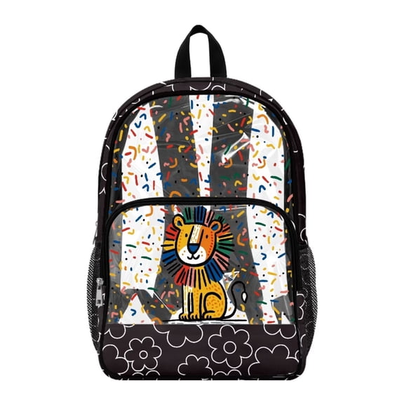 FKELYI Cartoon Lion Print Clear Backpack for Boys 17 Inch Schoolbag Lightweight Kids Backpacks Transprent Book Bag for Primary School Daypack Rucksack