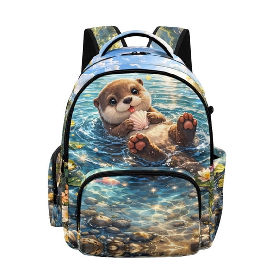 FKELYI Cartoon Otter Print Kids Backpack for Boys Girls 17 Inch School Backpacks with Multi-Pockets Spacious Bookbag Lightweight Casual Daypack for Elementary Student
