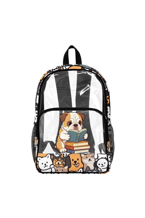 Cartoon Pug Dog Print 17 Inch Clear Backpack Kids Backpack See Through Schoolbag Spacious Bookbag Travel Bags for Elementary Student