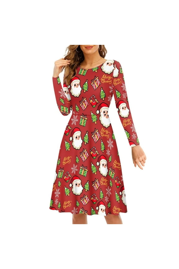 Cartoon Santa Women Dress Size 4XL Polyester Swing Twirl Skater Dress,Merry Christmas,Comfortable Women Dress Long Sleeve Party