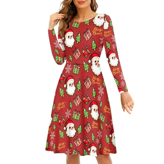 FKELYI Cartoon Santa Women Dress Size L Polyester Swing Twirl Skater Dress,Merry Christmas,Comfortable Women Dress Long Sleeve Party