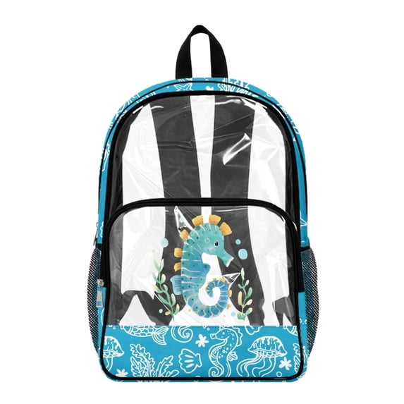 FKELYI Cartoon Sea Horse Print Clear Backpack for Girls & Boys 17 Inch Kids Backpacks Transprent School Book Bag with Multi-Pockets Casual Daypack for Elementary
