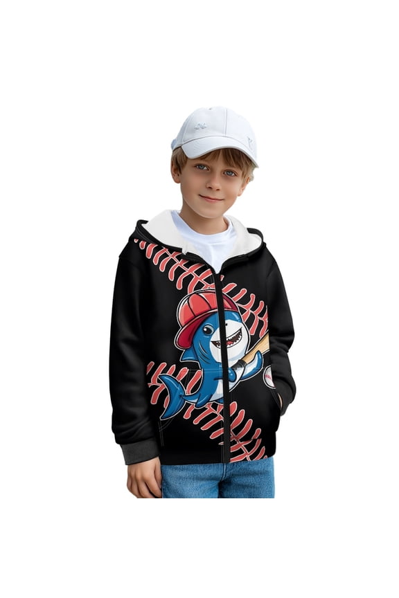 Cartoon Shark Baseball Print Zipper Front Hoodies Long Sleeve Sweatshirt Kids Fleece Jacket with Pockets for Boys Fall Top Winter Clothes, M