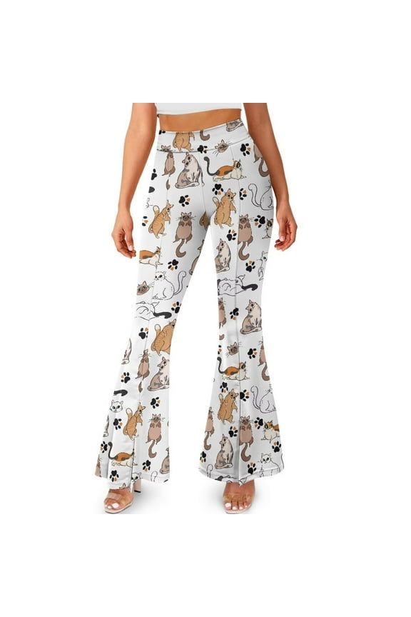Cartoon Siamese Cat Print Flare Leggings Bell Bottom Yoga Pants for Women Wide Leg Pants Split Front Boot Cut Yoga Leggings Tummy Control Sweatpants for Workout Running, 2XL