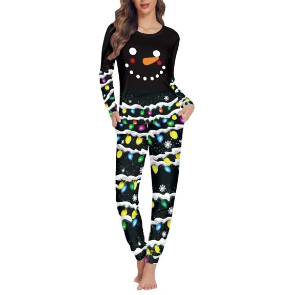 FKELYI Cartoon Snowman Long Sleeve Pjs Size L Casual Christmas Lights Winter Pajamas for Women Loose Women Sleepwear Pajama Set of 2