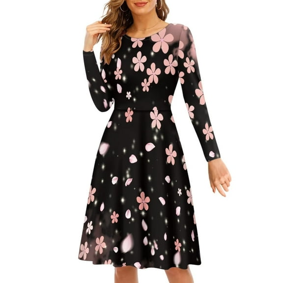 FKELYI Cherry Blossom Women Dress Elastic Long Sleeve Dress for Women Wedding Guest Breathable Ladies Pleat Dress for Party Size 2XL