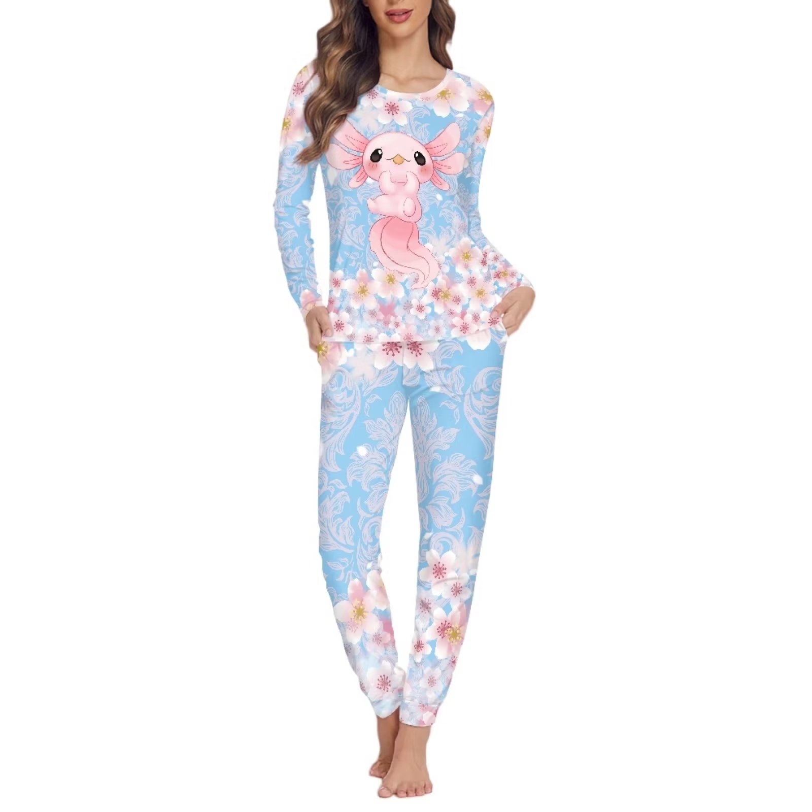FKELYI Cherry Blossom Women Pajama Size M Stretchy Axolotl Ladies