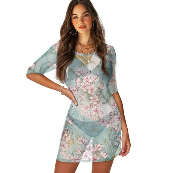 FKELYI Cherry Blossoms Print Swimwear Cover Ups for Women Half-Sleeve Cover Up for Bathing Suits Summer Beach Kafrtan Dress Soft Sheer Fabric Vacation Outfits, XS