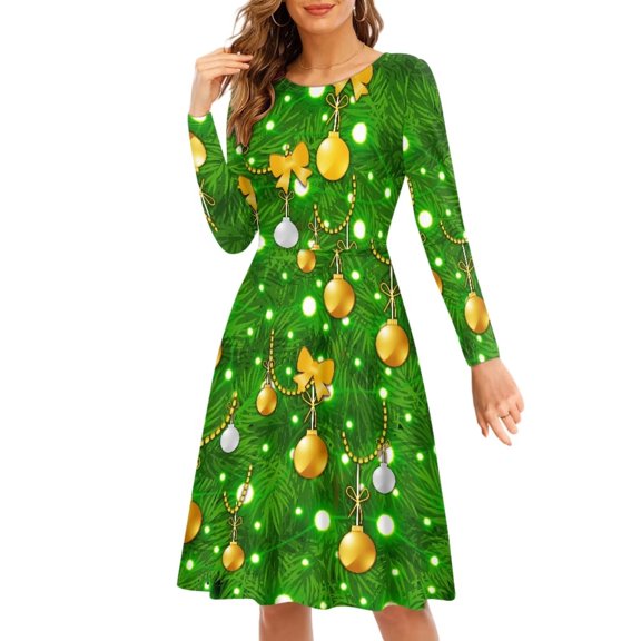 FKELYI Christmas Bell Lights Women Dress Size 2XL Breathable Green Women Long Sleeve Dressy Tops Stretchy Xmas Women Dresses Long Crew Neck