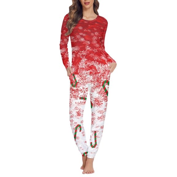 FKELYI Christmas Candy Cane Women Pjs 2pcs Red Snowflake Polyester Sleepwear Pajamas Size M Comfortable Xmas Long Sleeve Loungewear