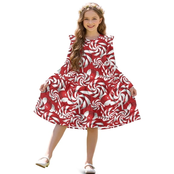 FKELYI Christmas Candy Print Girls Ruffle Sleeve Dress A Line Twirly Dress for Kids Midi Soft Fall Dresses Patchwork Playwear Sundress, 13-14 Y