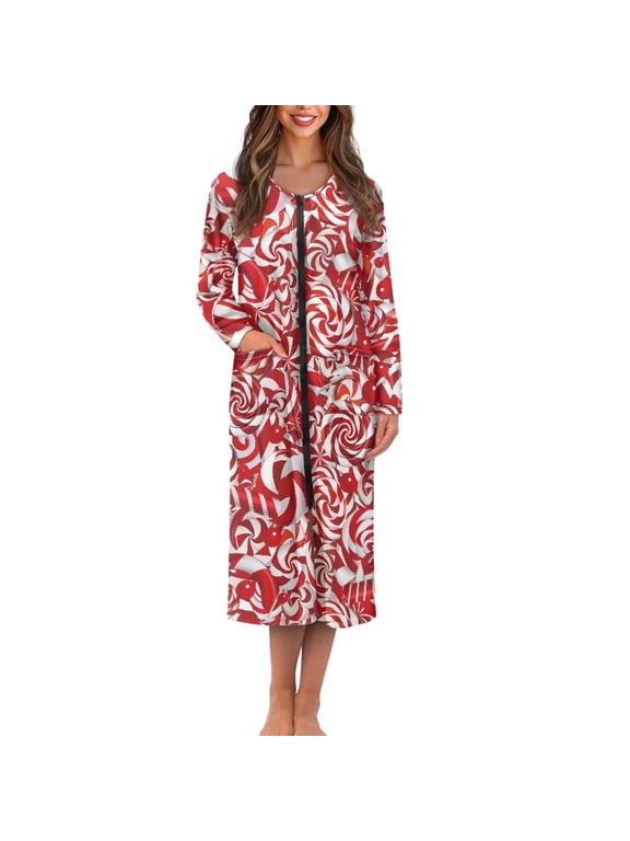 Christmas Candy Print Zipper Front Robe for Women Long Sleeve Sleepwear Dress House Dress with 2 Pockets Breathable Nightwear Fall Winter Loungewear Bathrobes, XL
