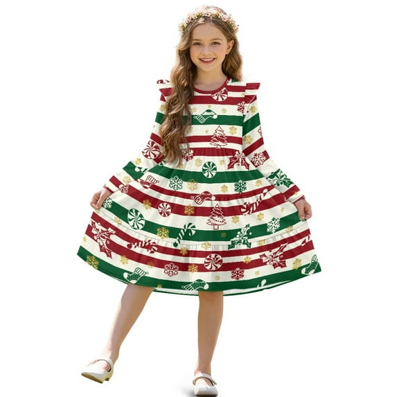 FKELYI Christmas Candy Snowflake Print Girls Long Sleeve Dress for Fall Ruffle Dresses Tiered Swing Trim Dress for Party Birthday Holiday, 3-4 Y