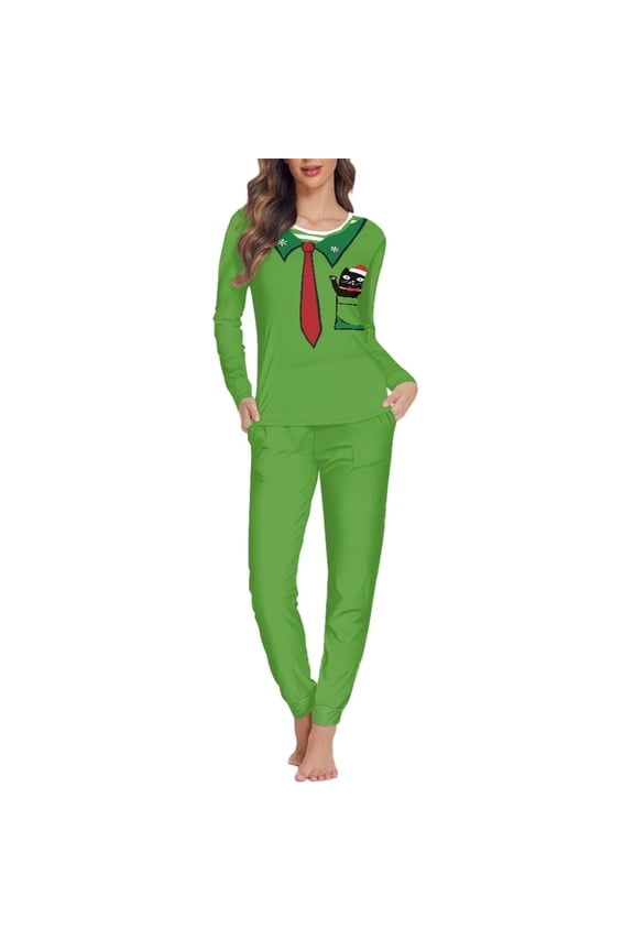 Christmas Cat Pajamas for Women Size 5XL Comfortable Nightwear for Women Sleepwear 2pcs Green Polyester Long Sleeve Pjs