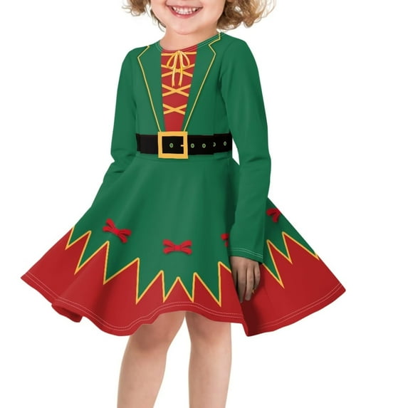 FKELYI Christmas ELF Costume Long Sleeve Dresses Size 9-10 Y Durable Kids Swing Skater Dress Green Red Soft Long Sleeve Teen Dress for Girls