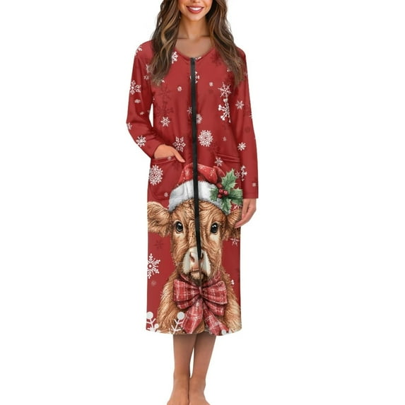 FKELYI Christmas Highland Cow Snowflake Print Women's Zip Up Housecoat Comfy Bathrobe Long Sleeve Sleepwear Loungewear with 2 Pockets Indoor Soft Nightgown Dress for Fall Winter, 2XL