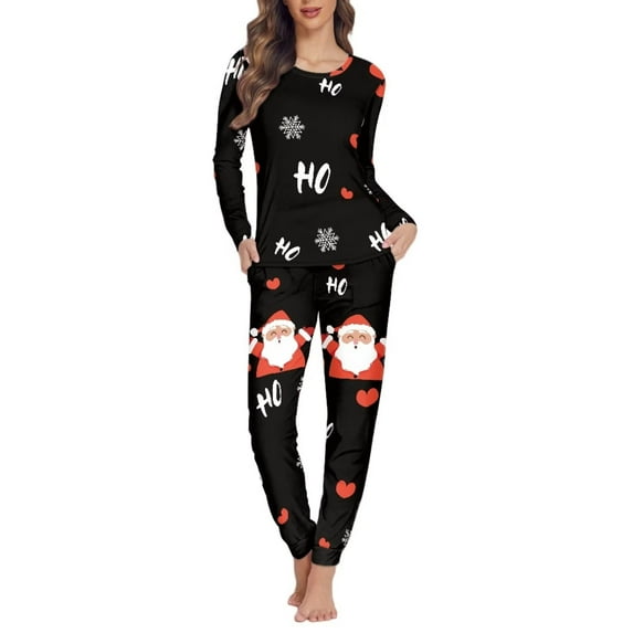 FKELYI Christmas Ho Ho Long Sleeve Pj Size 3XL Cute Santa Print Polyester Holiday Pajamas for Women Comfortable Crew Neck Sleepwear Set
