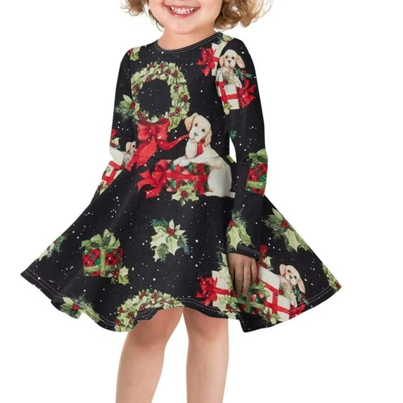FKELYI Christmas Holly Gifts Long Sleeve Dress Size 13-14 Years Loose Twirl Swing Dresses for Kids Comfortable Party Long Sleeve Girls Dress
