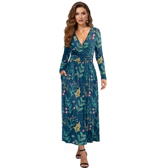 FKELYI Christmas Leaf Print Womens Long Sleeve Fall Dress V Neck Maxi Casual Dress with Pockets Soft A-Line Flowy Tiered Waist Dresses for Ladies, 2XL