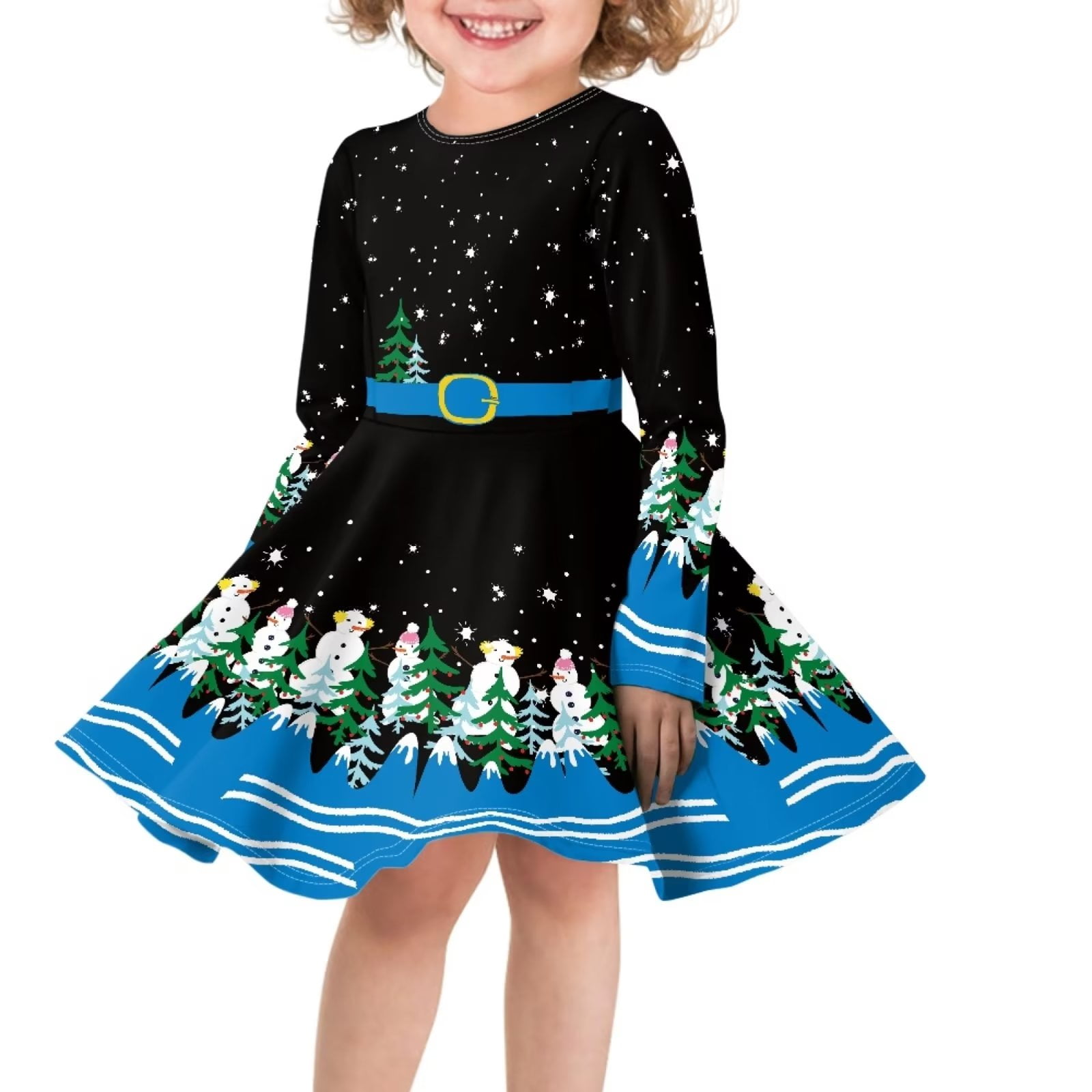 FKELYI Christmas Long Sleeve Dress Comfy Snowman Forest Girls Skater