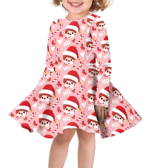 FKELYI Christmas Long Sleeve Dresses Size 13-14 T Loose Cartoon Santa Kids Long Sleeve Dresses for Girls Leisure Xmas Swing Twirl Skater Dress