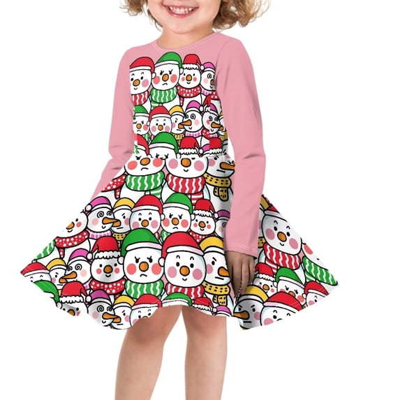 FKELYI Christmas Long Sleeve Dresses Size 15-16 Years Casual Cartoon Snowman Children Swing Skater Dress Elastic Teen Dresses Long Sleeve for Girls