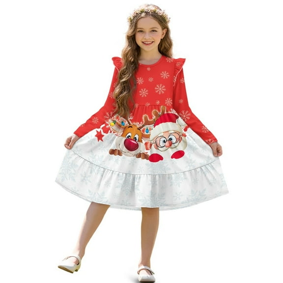 FKELYI Christmas Reindeer Santa Claus Print Girl Long Sleeve Dress Ruffle Sleeve Crew Neck Trim Dress for Birthday Party A Line Tiered Swing Pactchwork Dresses, 11-12 Y