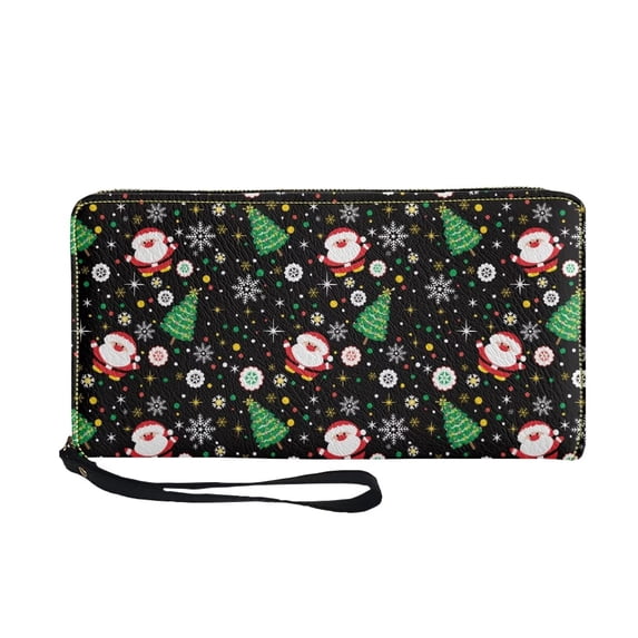 FKELYI Christmas Santa Leather Wallet with Zipper Durable Cartoon Print Women Purse Wallet Casual Vacation Wristlet Strap Wallet with RFID Blocking