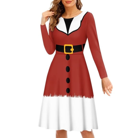 FKELYI Christmas Santa Women Dresses Size 2XL Leisure Long Sleeve Dress for Women Wedding Guest Durable Red Swing Long Sleeve Party Dress