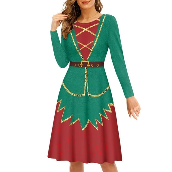 FKELYI Christmas Santa Women Dresses Size 3XL Elastic Twirl Swing Dresses Knee Length Lightweight Long Sleeve Dress for women Formal