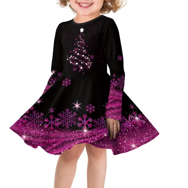 purple christmas party dresses Fkelyi Christmas Snowflake Long Sleeve Dresses Comfy Children Swing Party Dress Purple Xmas A Line Skater Casual Twirly Dress Aged 15-16 Years, Girl's