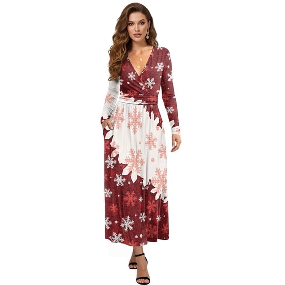 FKELYI Christmas Snowflake Print Long Sleeve Maxi Dress for Women V-Neck Soft Casual Dress Flowy A-Line Dresses with Side Pockets for Party Wedding, L