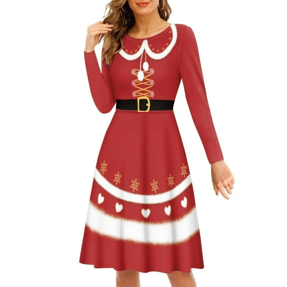 FKELYI Christmas Snowflake Women Dress Size L Breathable Women Dress Long Sleeve Elegant Leisure Xmas Heart Pleat Dress Knee Length