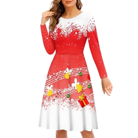 FKELYI Christmas Snowflake Women Dresses Size 4XL Soft Music Bell Ladies A Line Dresses Knee Length Elastic Women Long Sleeve Dressy Tops