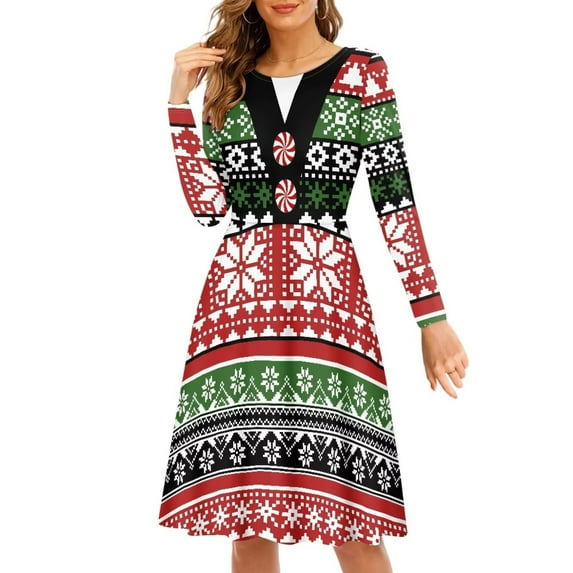 FKELYI Christmas Snowflake Women Dresses Stretchy Formal Christmas Dresses for Women Comfortable Women Long Sleeve Dress to Look Thin Sized 3XL